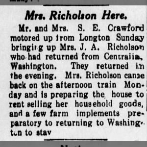 Mrs. J A Richolson to move to Centralia, Washington