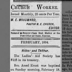 Bro. Ansel Ernst was baptized on Sunday morning, February 18 [1894, in the M. E. Church].