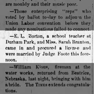 Elmer Borton and Sarah Branton License to marry.