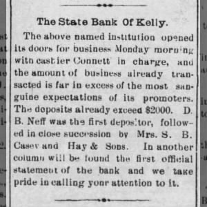 Kelly Bank opening, The Reporter
27 Nov 1902