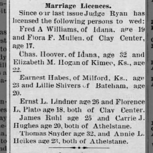 Marriage of Thomas Snyder and Annie L. Heikes, Athelstane, KS