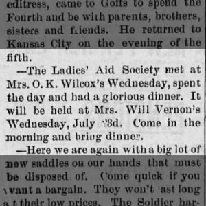 Sarah Jane Wilcox, Ladies’ Aid Meeting 1890