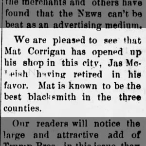 Matthew Corrigan opens blacksmith shop in Cain City, Kansas 1886