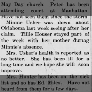 Minnie Usher in Ok.   Mrs. Usher (Anjenette) ill The clay county star  Jan 31 1895 Clay center Ks
