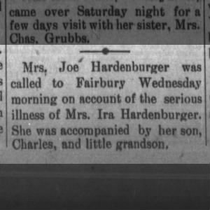 Mrs. Joe Hardenburger visits seriously ill daughter-in-law