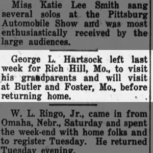 George L Hartsock left for Rich Hill, Mo to visit grandparents