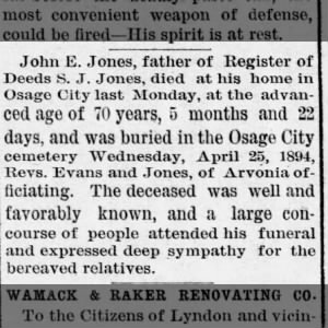 Obituary John E. Jones, Father of S. J. Jones, Osage County Graphic 26 Apr 1894