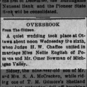 George Omer Bowman and Nellie English Wedding Announcement 