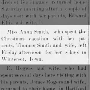 Smith, Anna spent Christmas with parents, Thomas Smith & wife.  ~9 Jan 1913  *OSAGE COUNTY DEMOCRAT