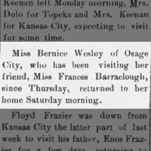 Miss Bernice Wesley visits Frances Barraclough