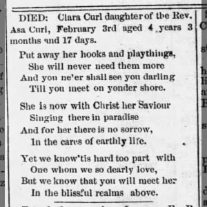 Clara Curl died Feb. 3, 1886, AGE 4