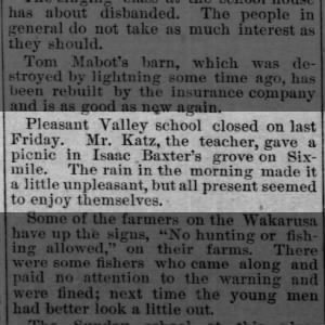 Pleasant Valley School Teacher, Mr. Katz, Gave Picnic in Isaac Baxter's Grove on Six Mile Creek