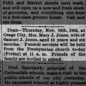 Obituary Mary J. Jones Wife of Samuel J. Jones Osage City Republican Osage City KS Fr 17 Nov1882