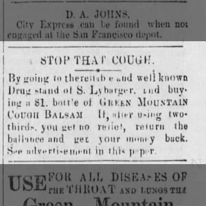 Simon Lybarger cough medicine advertisement. newspaper clipping 02 Apr 1880