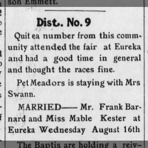Mabel Kester marries Frank Barnard 16 Aug 1905, at Eureka