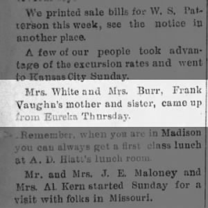 Mrs White & Mrs Burr visit Frank Vaughn "The Hamilton Enterprise" KS 3 Sep 1897 Pg 4