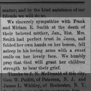 Death of Mrs. Smith, mother of Frank and Miriam E. Smith.