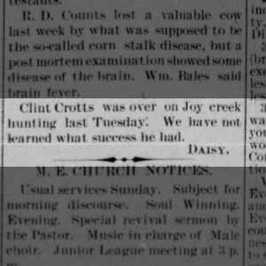 Clint Crotts hunting last Tuesday, Fri, 14 Feb 1896, Washington County, Kansas