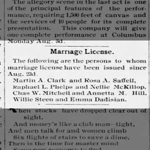 Rosa Saffell & Martin Clark 1895 marriage, Columbus, KS