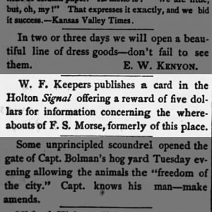 Five Dollar Reward - 30 May 1879 - The Netawaka Bee