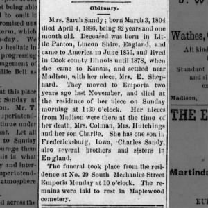 Mrs. Sarah Sandy, obit,  The Zenith, 9 Apr 1886, Fri, page 3, Madison, Kansas