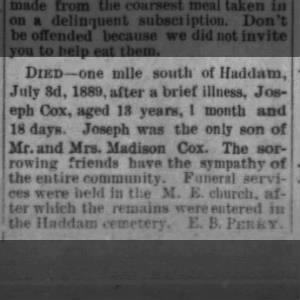 Death of Joseph Cox, son of Madison