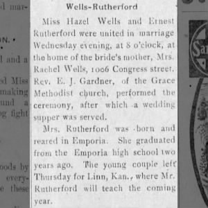 Marriage - Hazel Wells to Ernest Rutherford