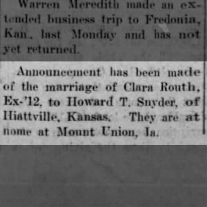 Clara Rough Ex-1912-graduation date-Married to Howard T. Snyder-Nov 1912