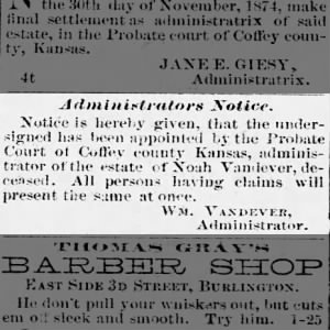 William Vandever, Administrator of Noah Vandever's estate 11/18/1874