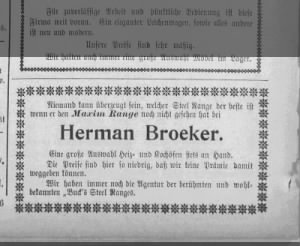 Advertisement in German in German newspaper for Herman Broeker's stoves