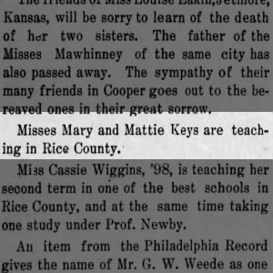Keys, Mattie teaching Rice County, 1901