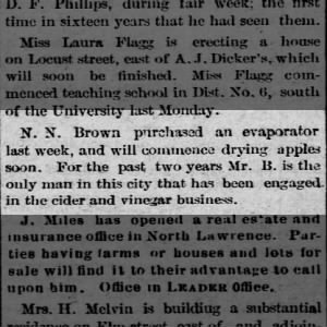 Sept 1884 -- NN Brown purchased an evaporator, drying apples soon