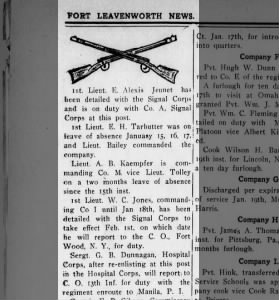 G B Dunnagan re-enlists, Hospital Corps, Leavenworth News 20 Jan 1911