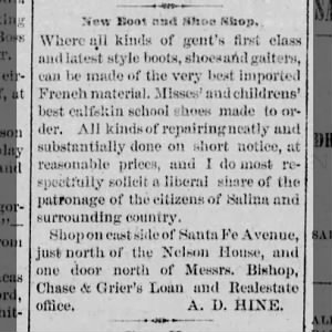 The Weekly Democrat (Salina KS) 11 Apr 1879 pg 3 new boot and shoe shop AD Hine
