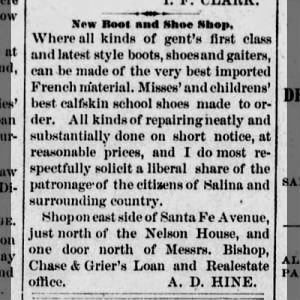 Weekly Democrat, Salina 18 Apr 1879 pg 3 Ad for AD Hine Boot and Shoe shop