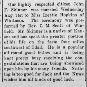Marriage announcement, John F Skinner and Miss Izettie Hopkins