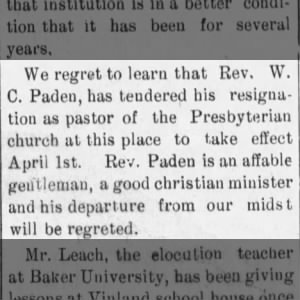 Locals and Personals - Rev W C Paden has tendered his resignation (1 Feb 1896)