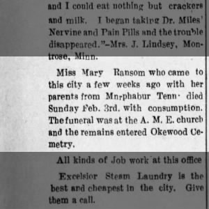 Mary Ransom (Ella) Obit 1901