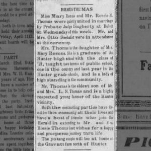 Mary Remus marries Roscoe Thomas 