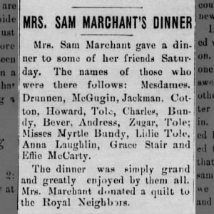 Josie Marchant held a Dinner and Donated a Quilt-Mar 1905