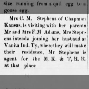 Charles Stephens Flora Adams visit parents joins husband Linwood Monitor KS 8 Oct 1897