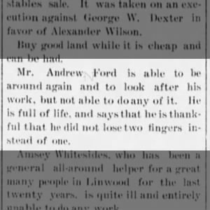 Andy Ford hurt and lost finger 1898 Linwood.