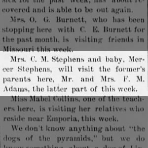 Flora Stephens baby Mercer visit parents FM Adams Linwood Ledger KS 31 Dec 1898