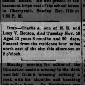 Obituary for Charlie A. Bouton (-1893), age 12