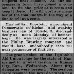 18940228 Cherryvale Champion Cherryvale, Kansas Maximillian Eppstein Dies Suddenly