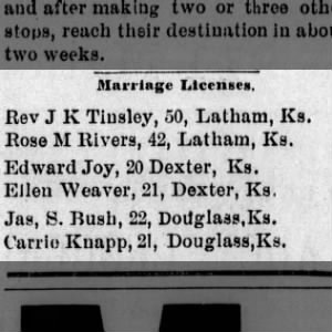Marriage license granted for Edward Joy and Ellen Weaver