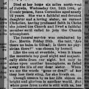 Rena Cornelius Obituary in The Weekly Herald
1 Nov 1894 Thu. Pg4 Ellsworth, Kansas