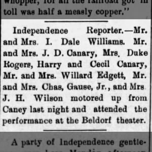 I Dale Williams and wife motored up to Caney, 16 Feb 1912, Caney, KS News