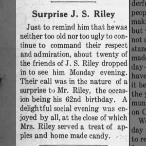 James S Riley, 62nd birthday party, 1919