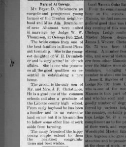 Bryan Christmore and Ada Drumheller Marriage Announcement - The Edna Sun 03 Mar 1921
